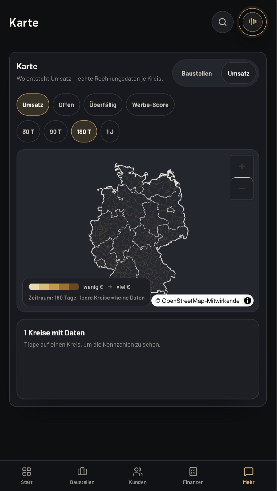 Kindel am Handy: Deutschlandkarte mit Umsatz nach Kreisen, Zeitraumfilter und Legende